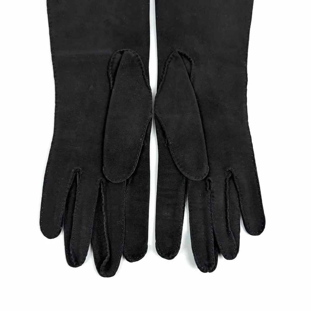 Bamberger's Black Washable Suede Long Gloves Vintage made in France Women's sz 7